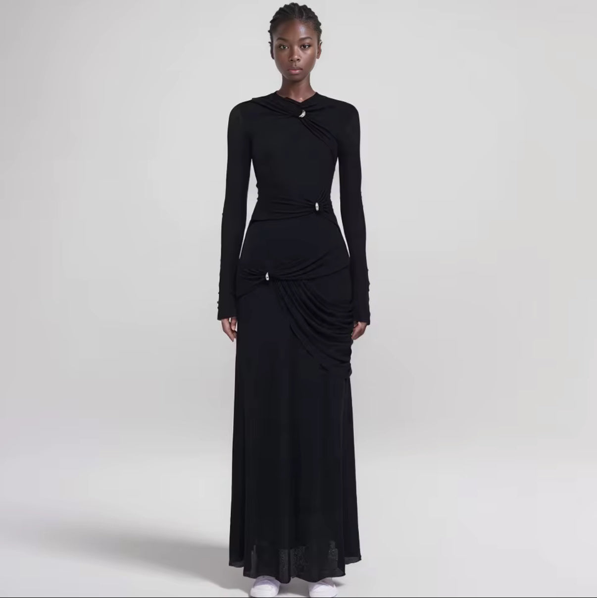 Long Sleeve Evening Dress with Gathered Waist