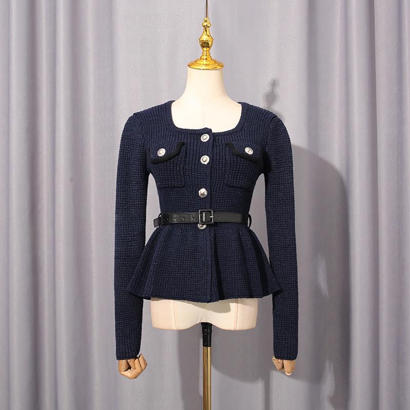 Textured Knit Peplum Cardigan & Fitted Maxi Skirt Set in Midnight Navy