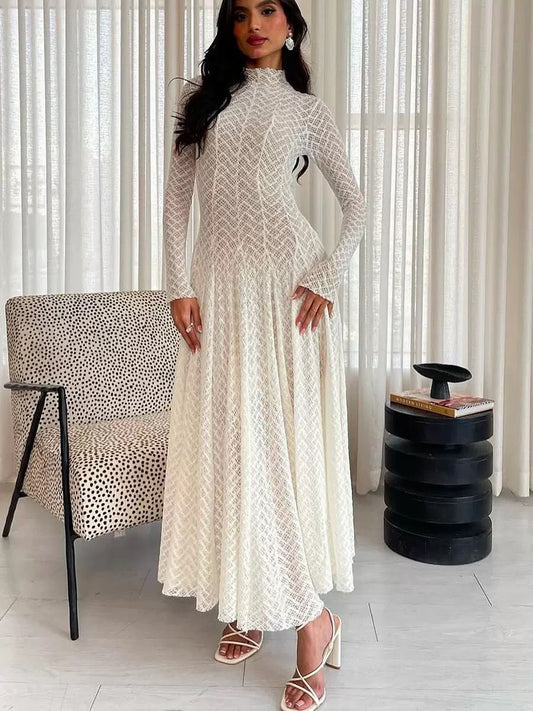 Ethereal Lace High-Neck Long-Sleeve Maxi Dress