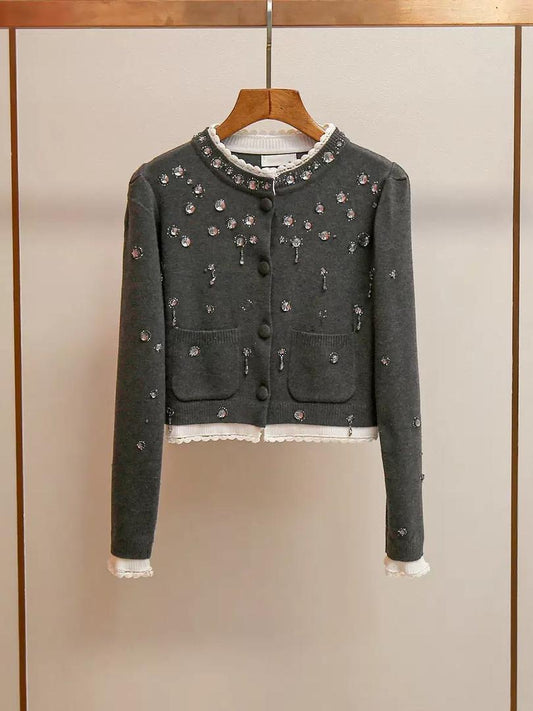 Embellished Wool Cardigan with Crystal Floral Details and Lace Trim