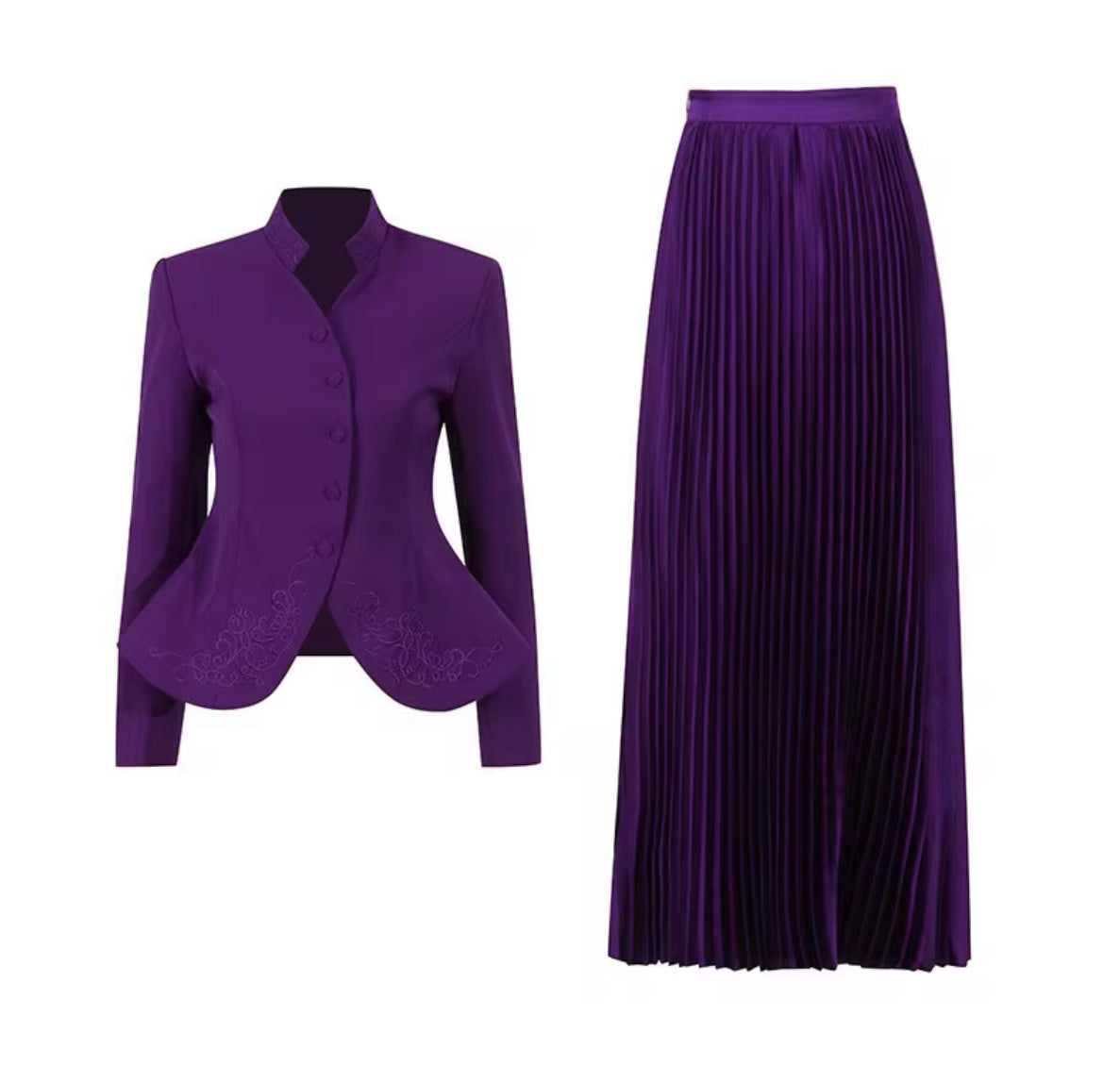tailored blazer with flowing pleated maxi skirt