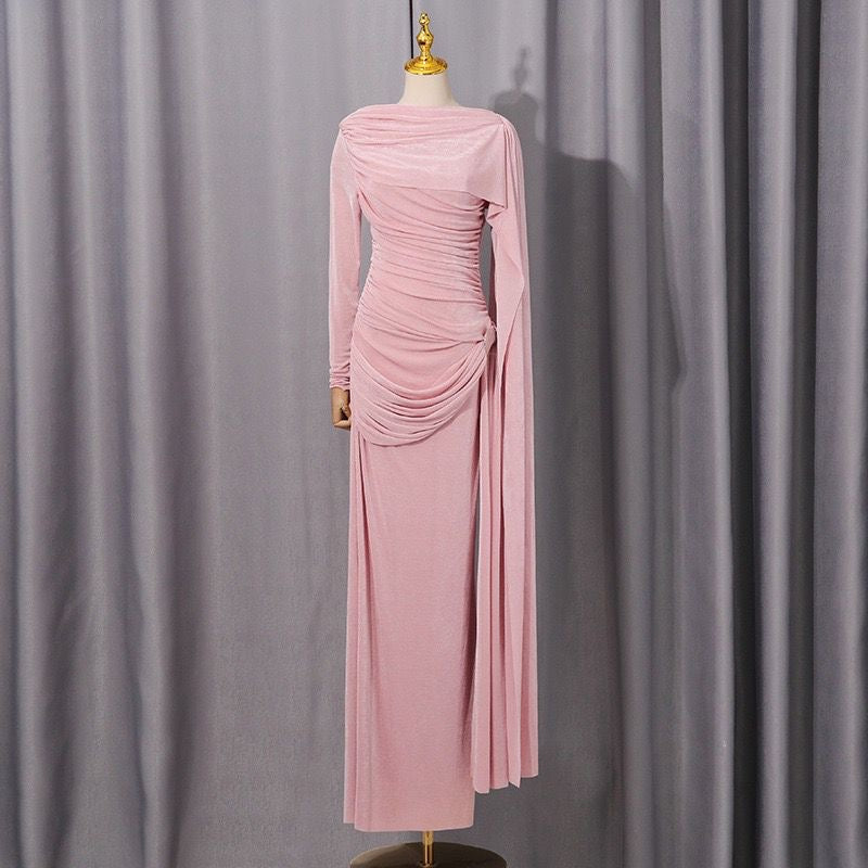 Ethereal Draped Silhouette Maxi Dress with Side Cascade and Gathered Detailing