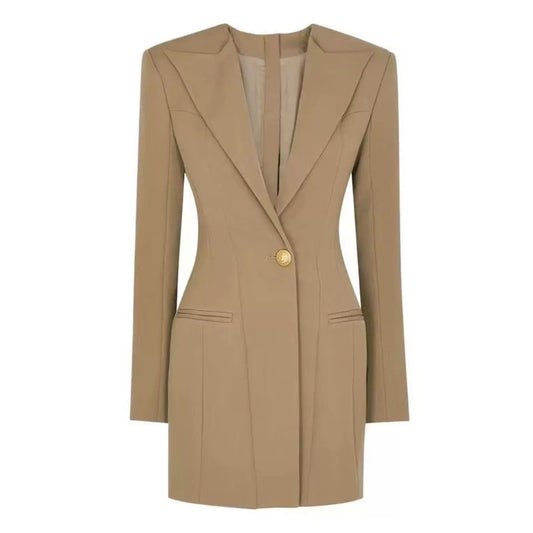 Tailored Blazer Dress with Sharp Shoulders and Single Gold Button