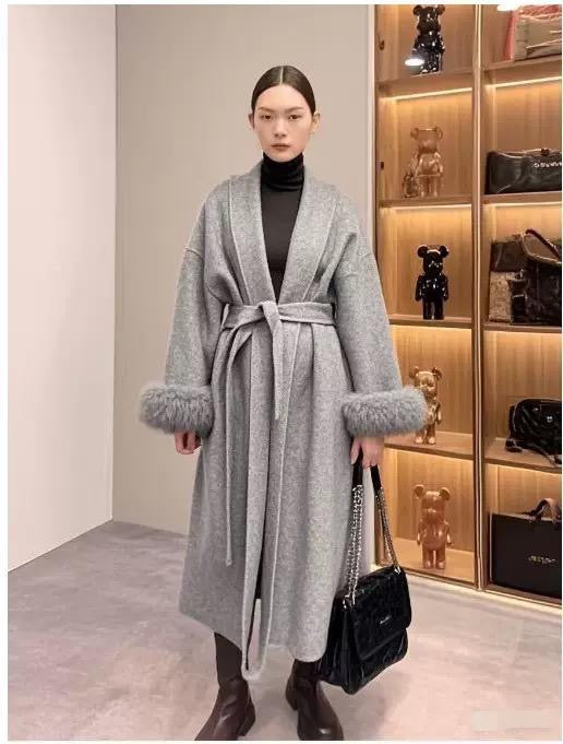 Wool Wrap Coat with Oversized Hood and Fur Cuff Accents