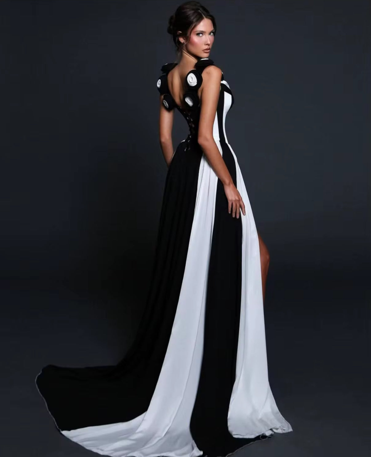 Monochrome Illusion Dress with Sculpted Bodice