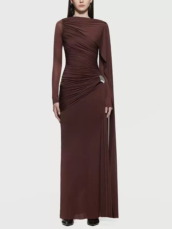 Ethereal Draped Silhouette Maxi Dress with Side Cascade and Gathered Detailing