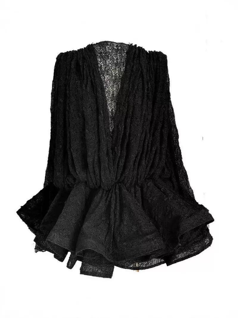 Sheer Long-Sleeve Mini Dress with Plunging Front and Draped Overlay