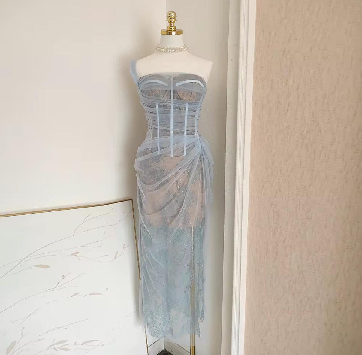 sheer mesh corset dress with draped overlay