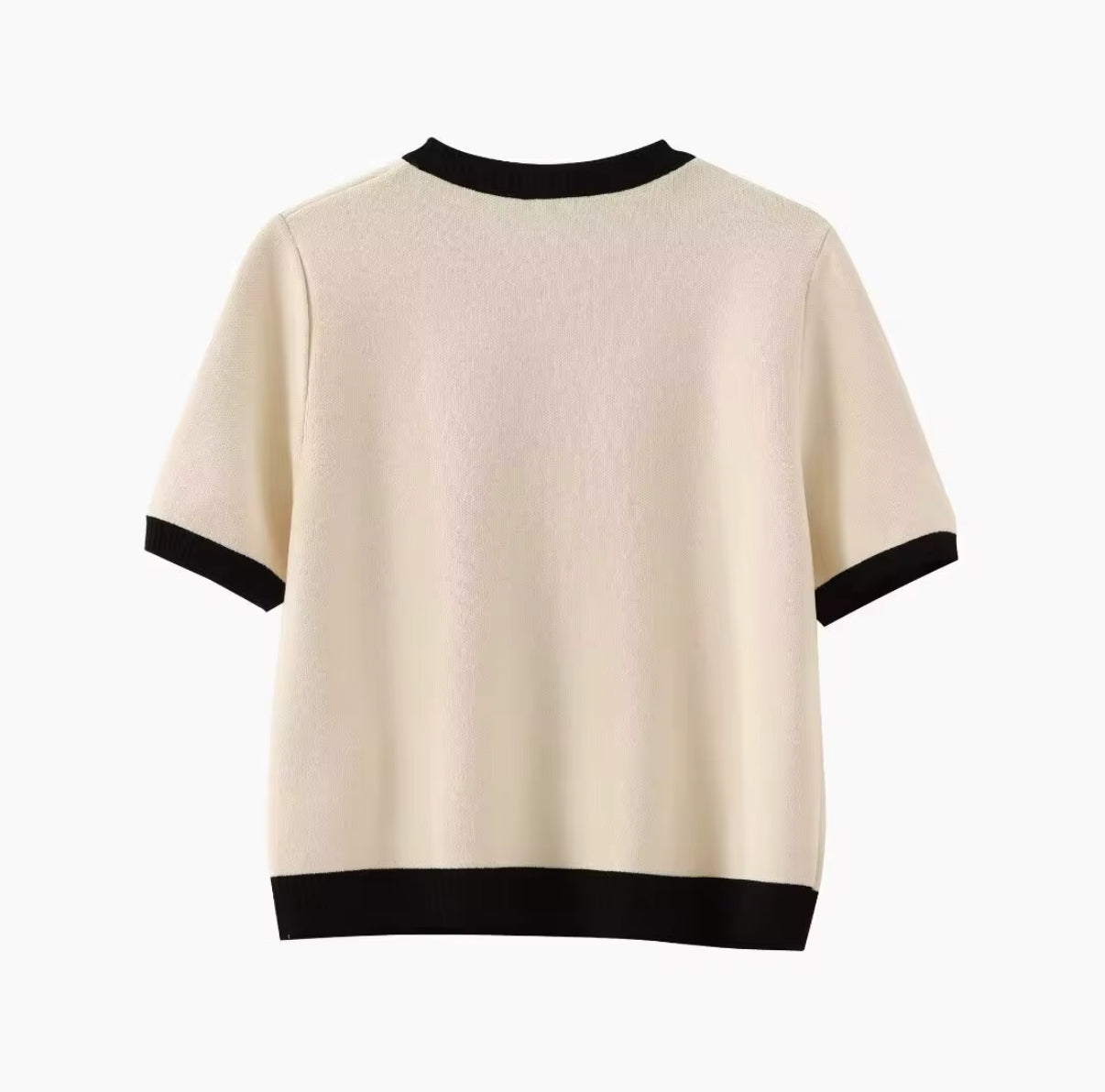 Short-Sleeve Knit Cardigan with Contrast Trim and Gold Buttons