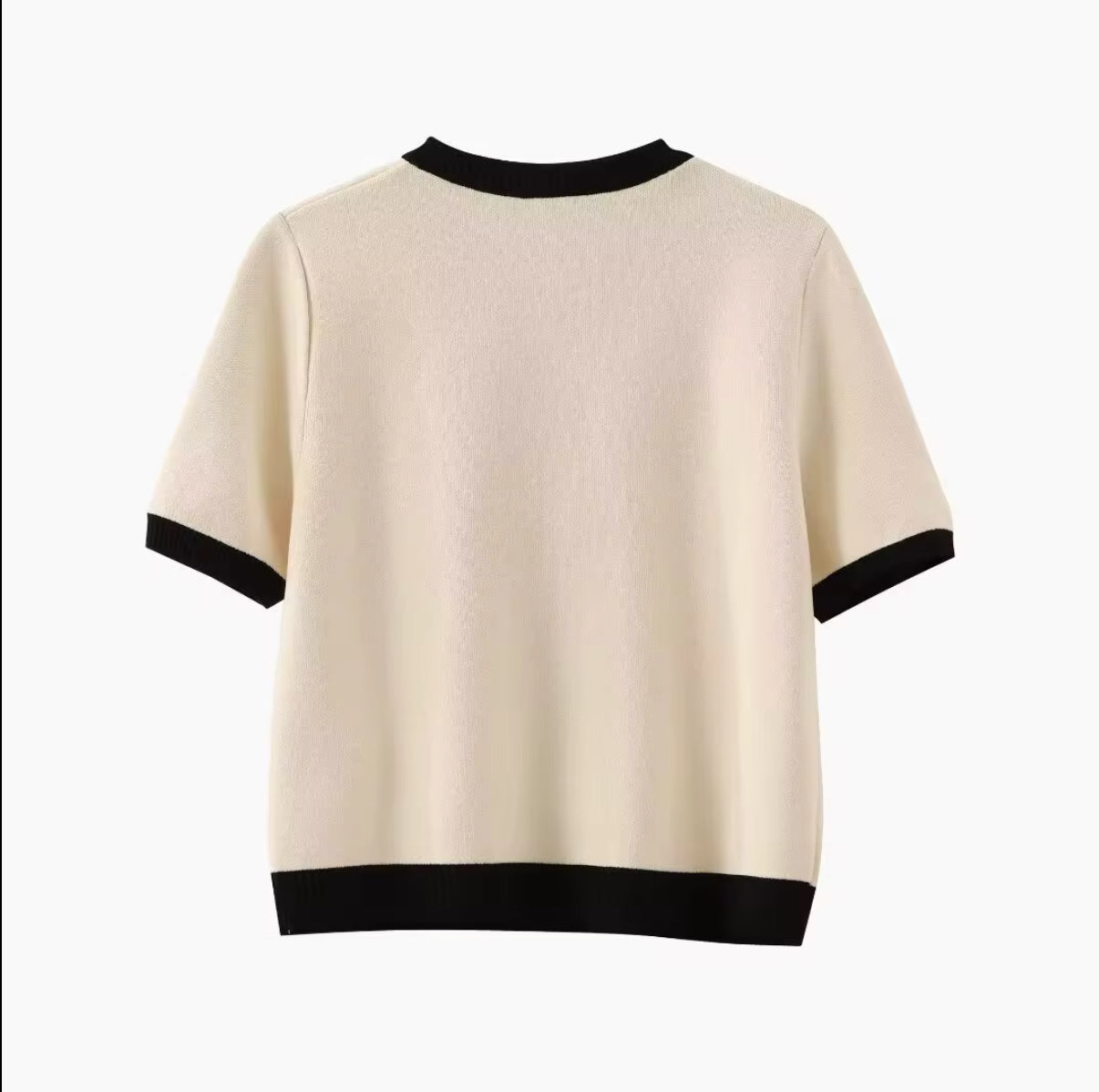 Short-Sleeve Knit Cardigan with Contrast Trim and Gold Buttons