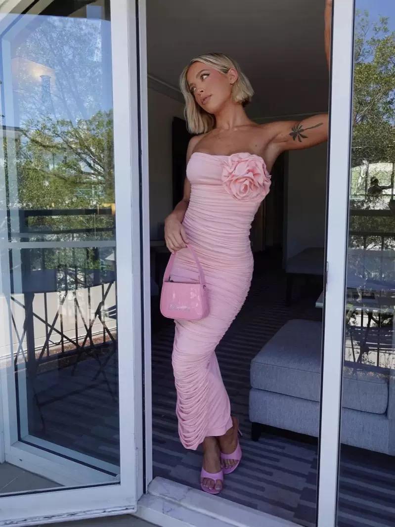 Strapless Ruched Midi Dress with 3D Floral Detail