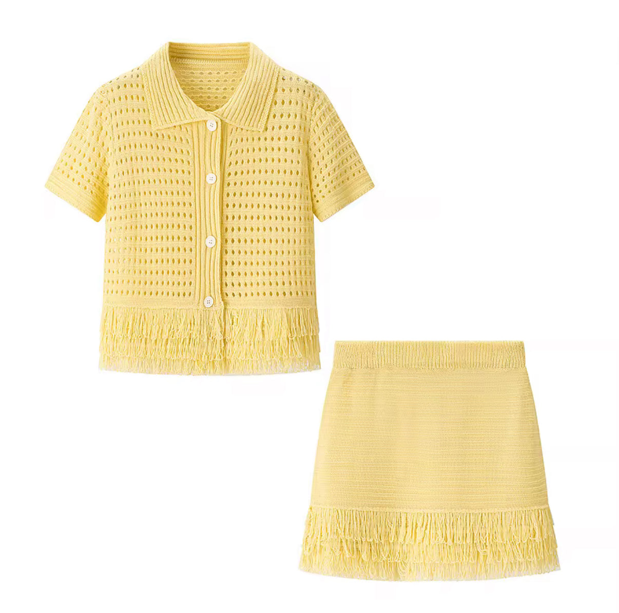 Crochet crop top and mini skirt with fringe accents