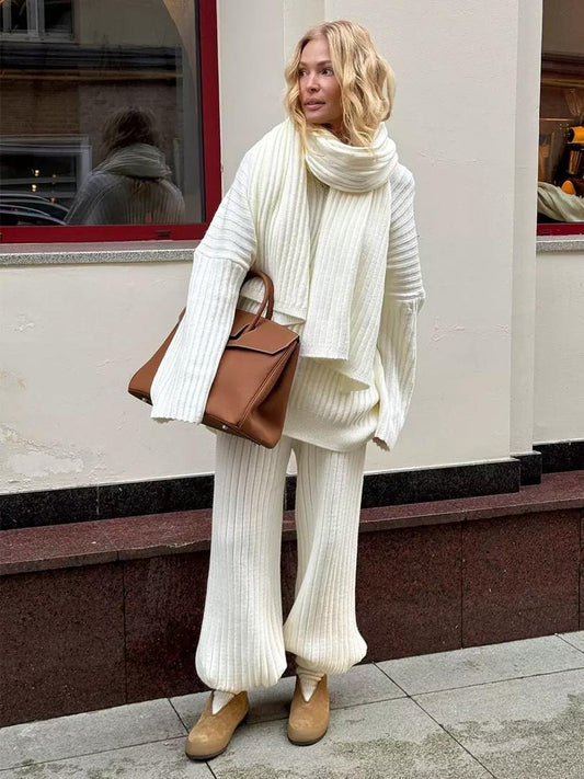 ribbed 3-piece set with top, wide-leg pants & cardigan