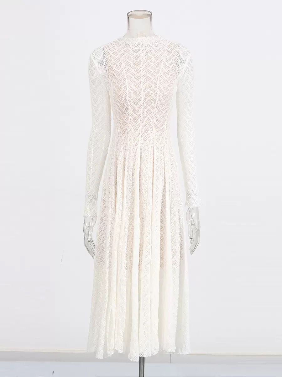 Ethereal Lace High-Neck Long-Sleeve Maxi Dress