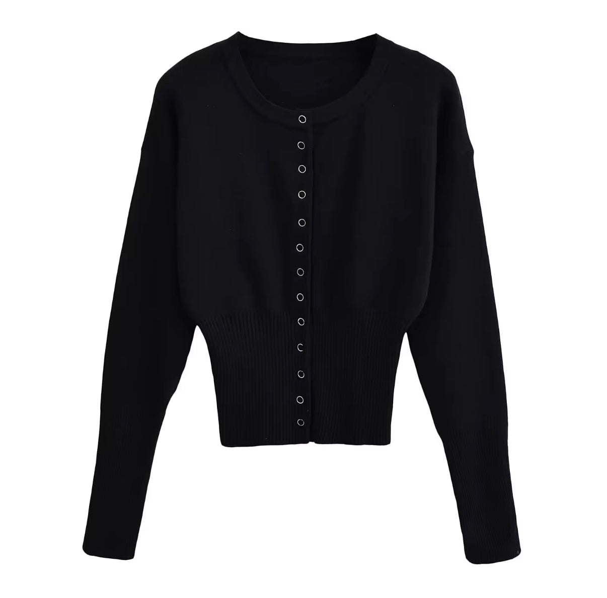 Long-Sleeve Ribbed Knit Top with Flared Cuffs and Snug Waist Fit