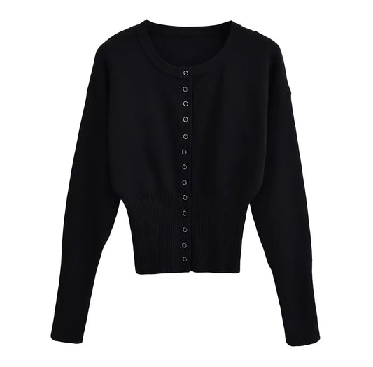 Long-Sleeve Ribbed Knit Top with Flared Cuffs and Snug Waist Fit