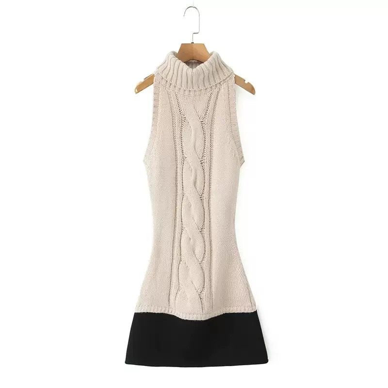 Cable Knit Sleeveless Mini Dress with Contrast Hem