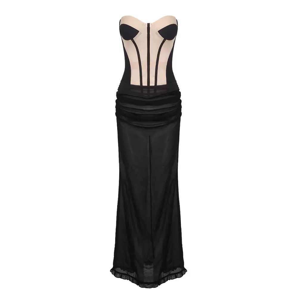 Black Mesh Corset Maxi Dress with Sheer Bodice Detail
