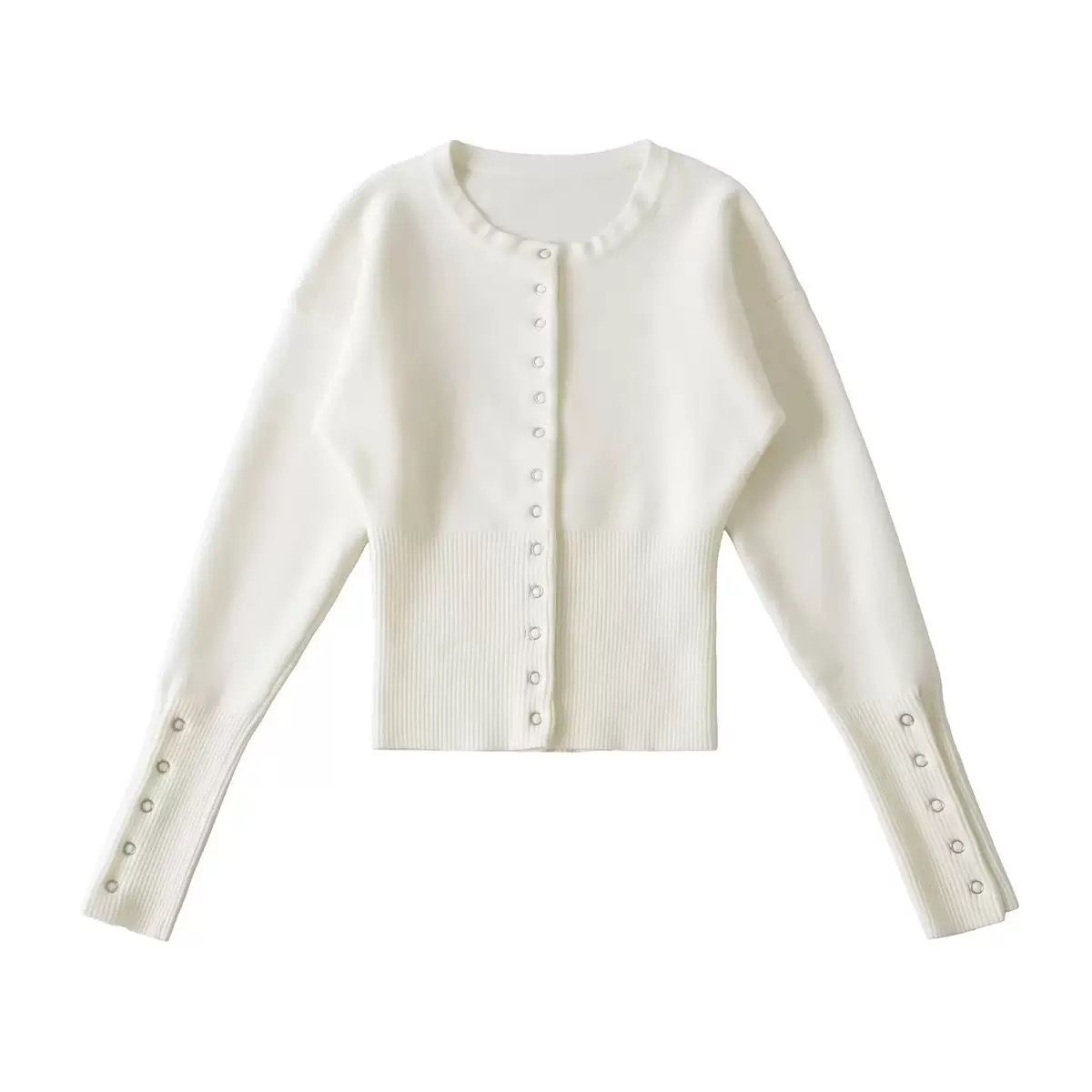 Long-Sleeve Knit Cardigan with Front Buttons and Fitted Waist