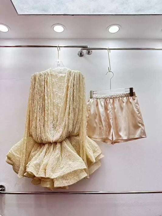 Sheer Long-Sleeve Mini Dress with Plunging Front and Draped Overlay