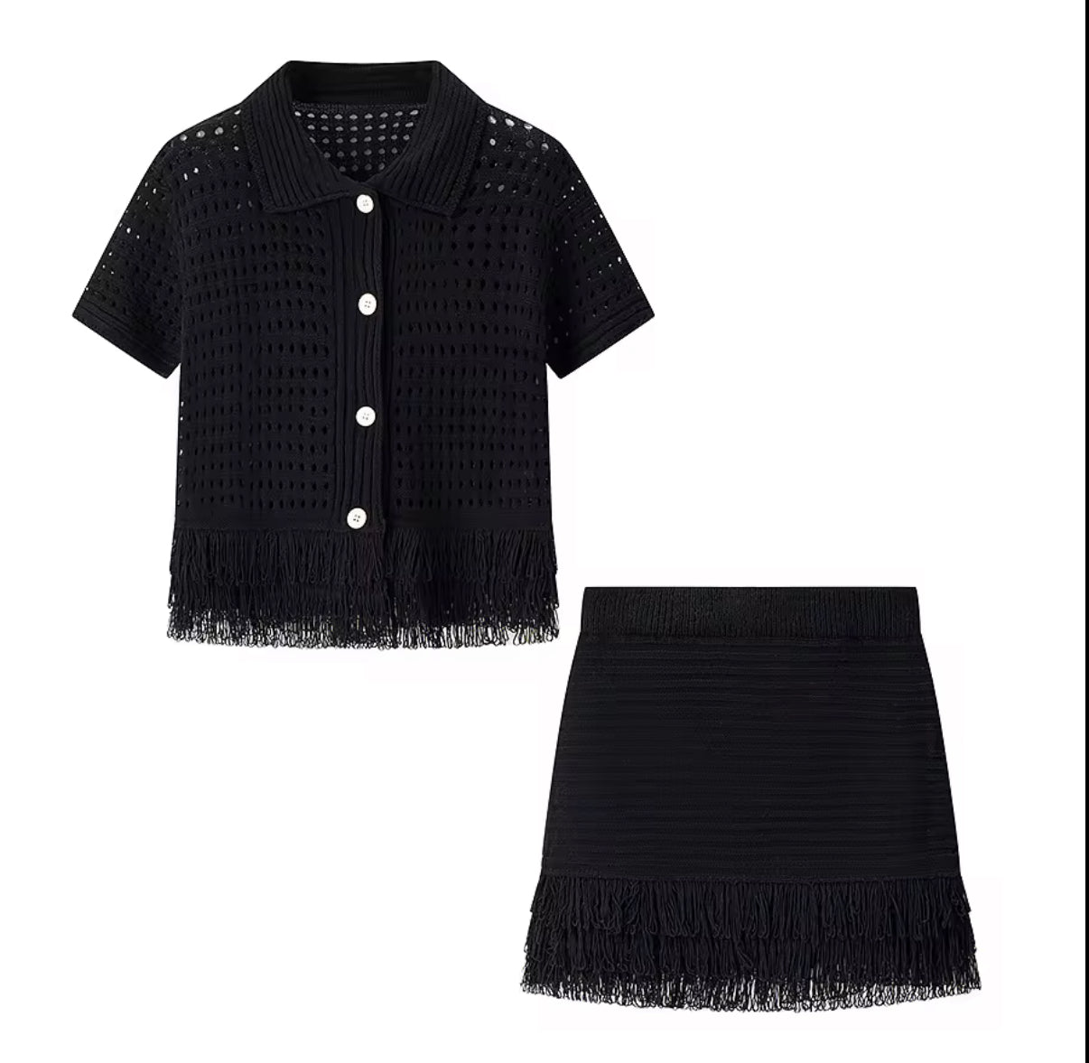 Crochet crop top and mini skirt with fringe accents