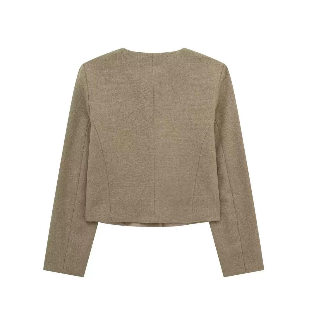 Cropped Tweed-Inspired Jacket with Gold Button Accents