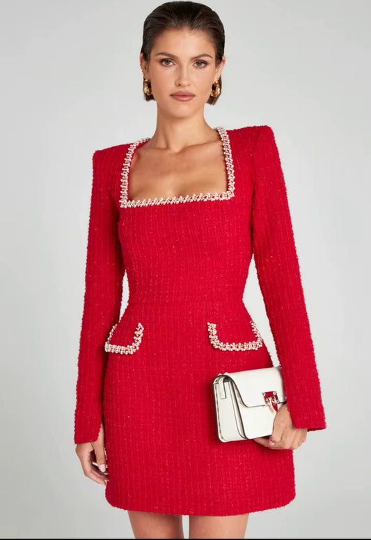 Structured Long-Sleeve Tweed Dress