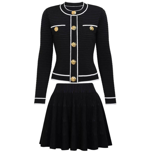 Classic Gold-Button Knitted Blazer & Pleated Skirt Set