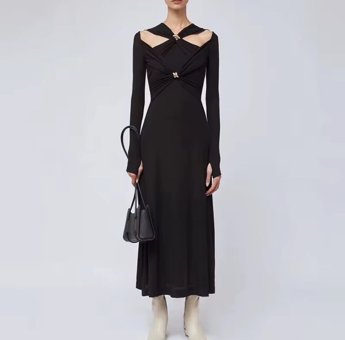 long sleeve dress with front cut-outs & jewel accents