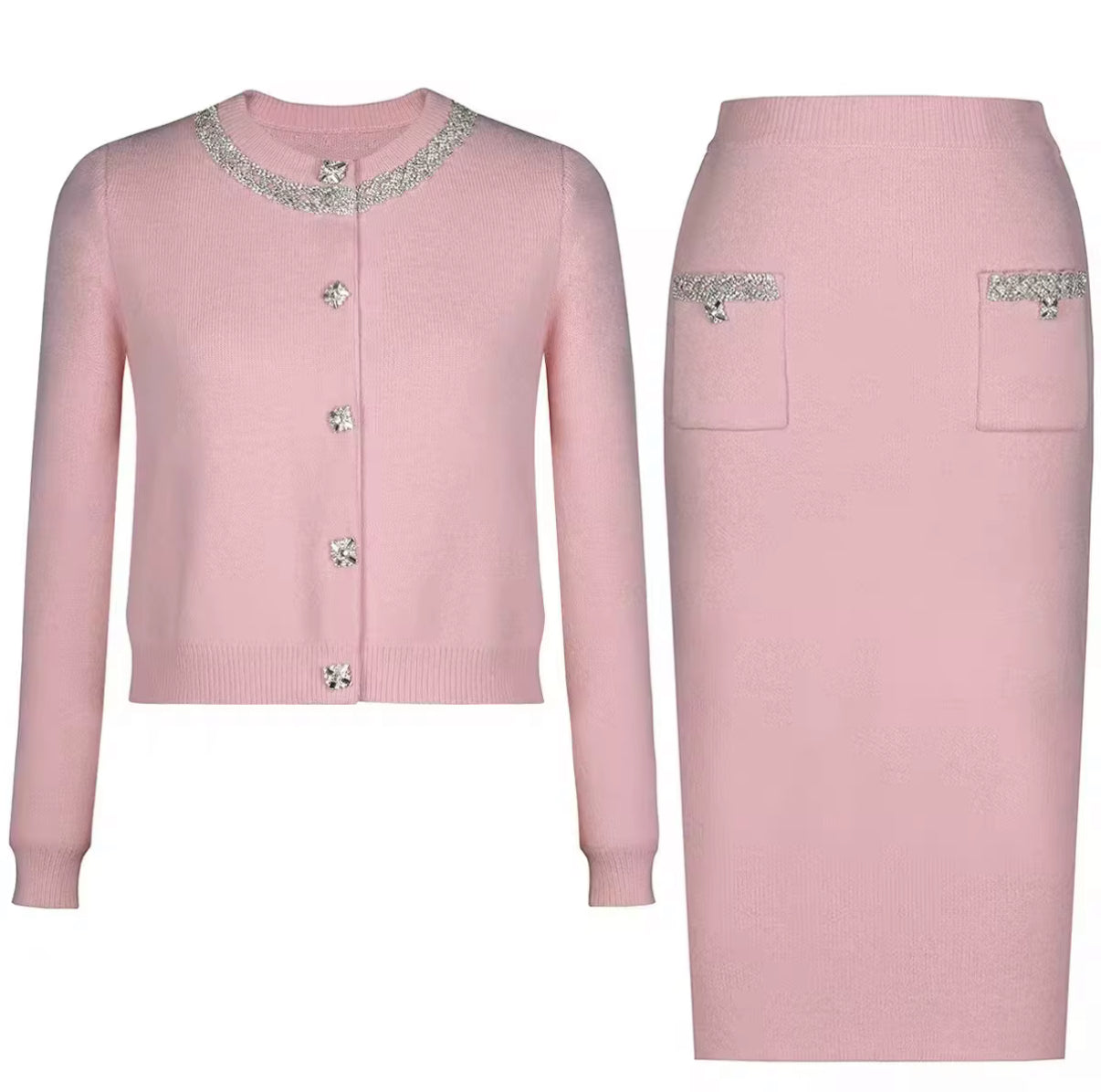 Knit Cardigan & Skirt Set with Crystal Detailing