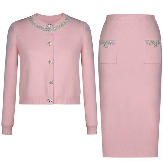 Knit Cardigan & Skirt Set with Crystal Detailing