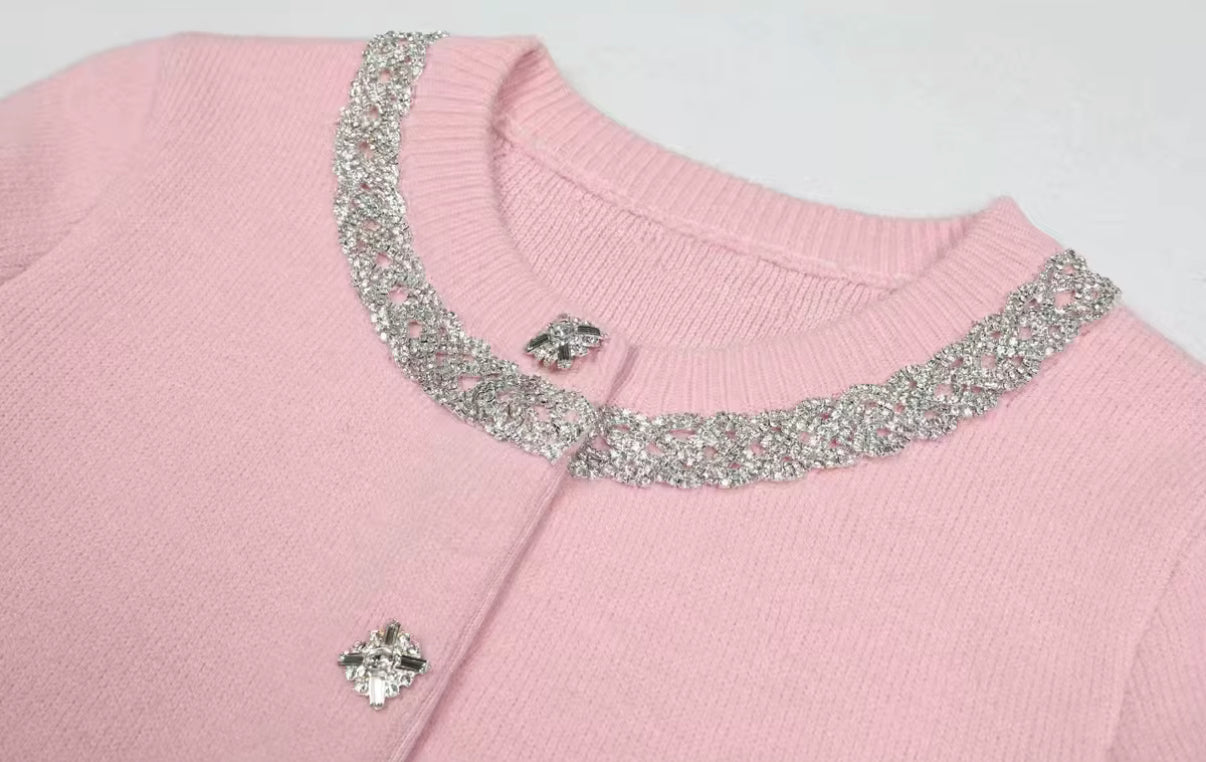 Knit Cardigan & Skirt Set with Crystal Detailing