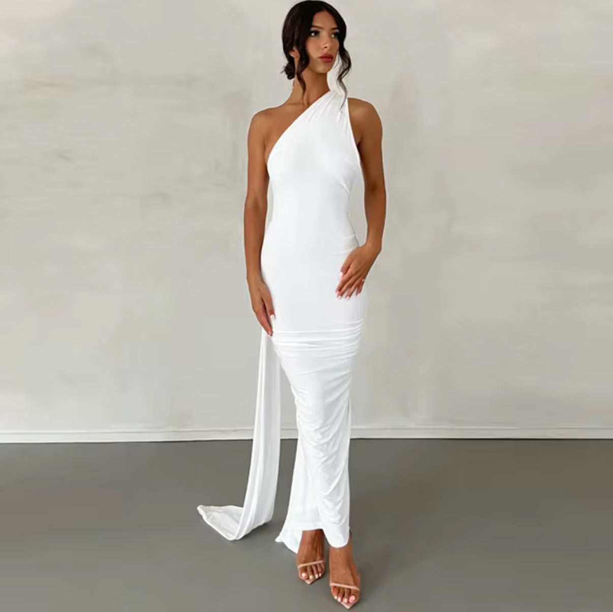 Backless Halter Dress with Draped Train