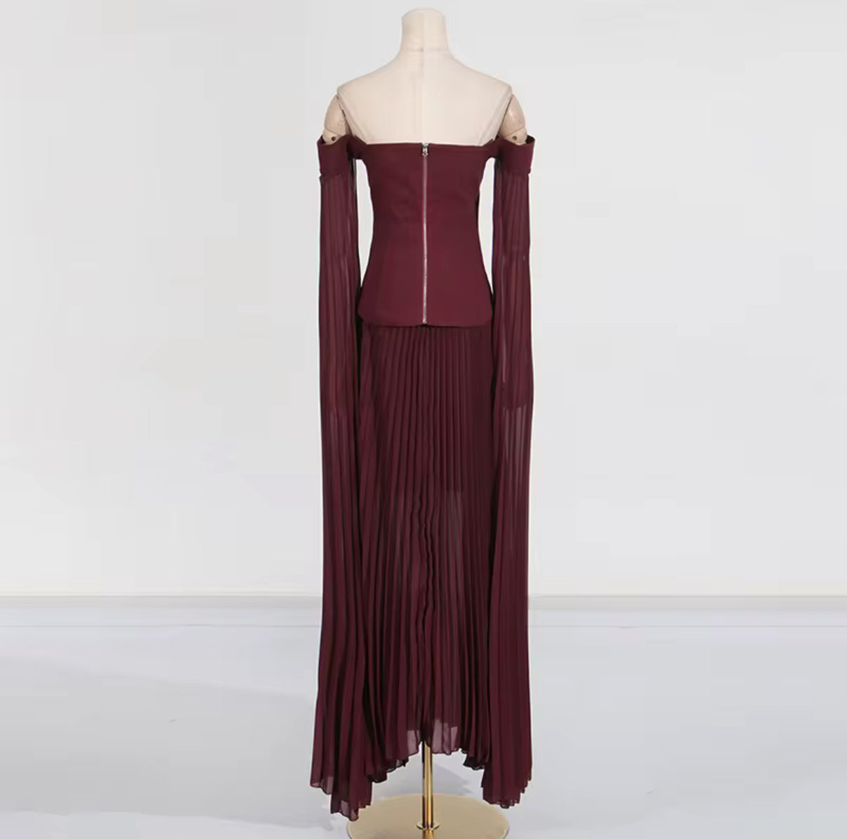 off-shoulder burgundy dress