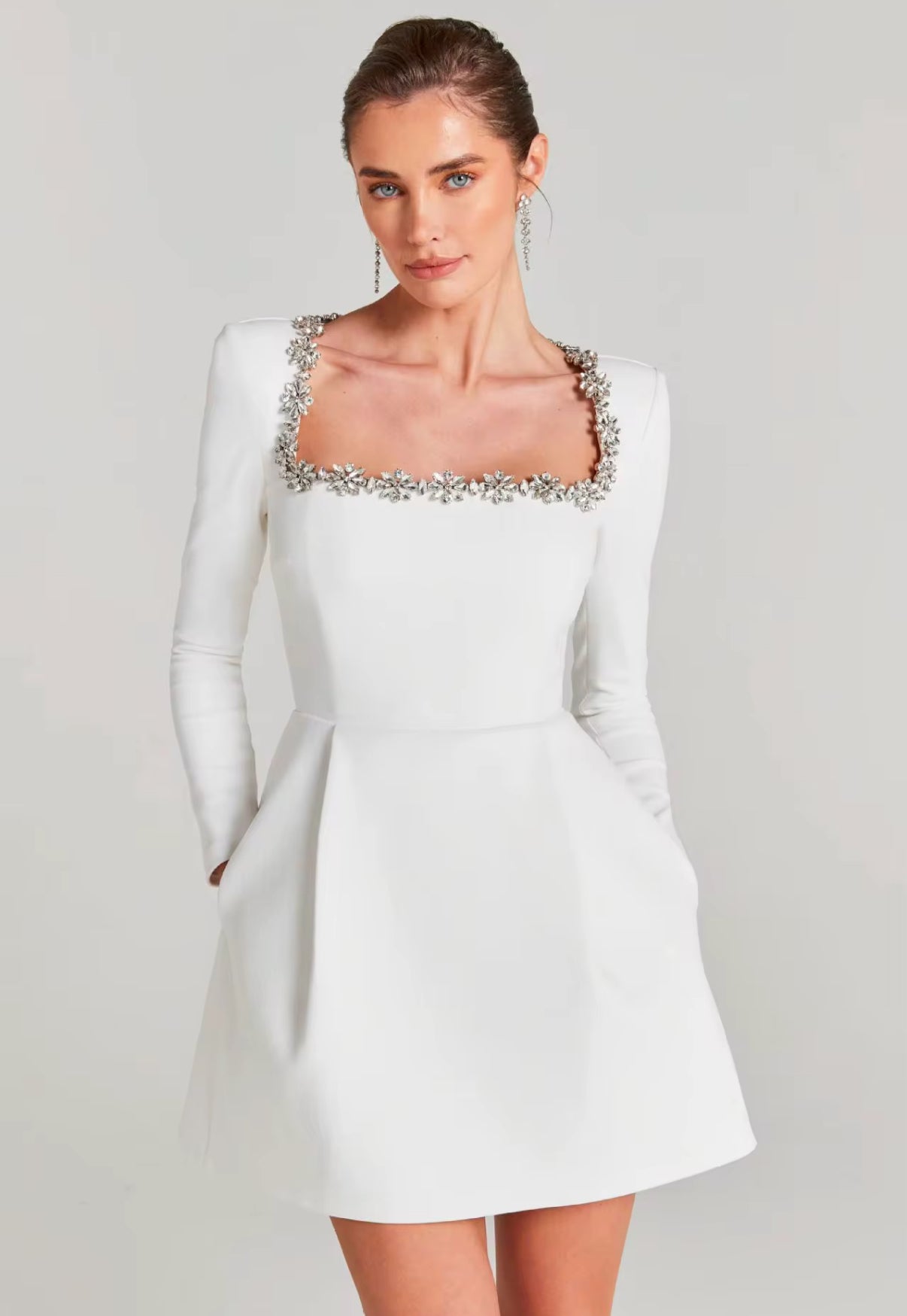 Long Sleeve Mini Dress with Crystal Trim