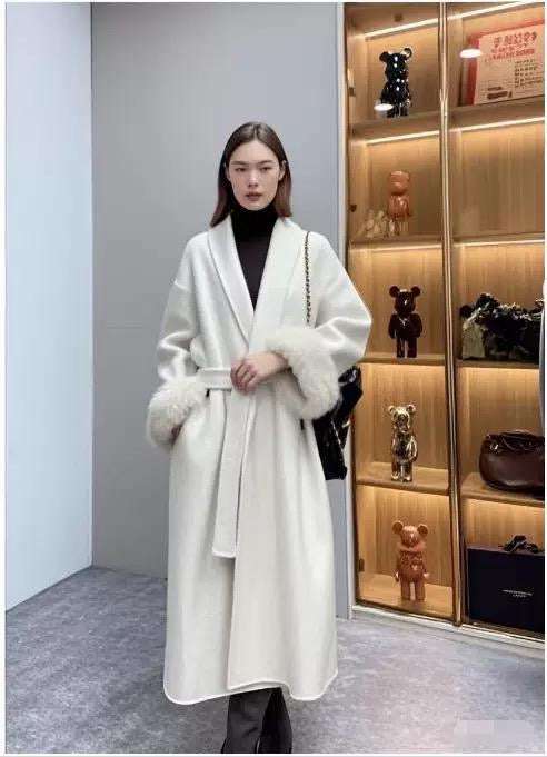 Wool Wrap Coat with Oversized Hood and Fur Cuff Accents