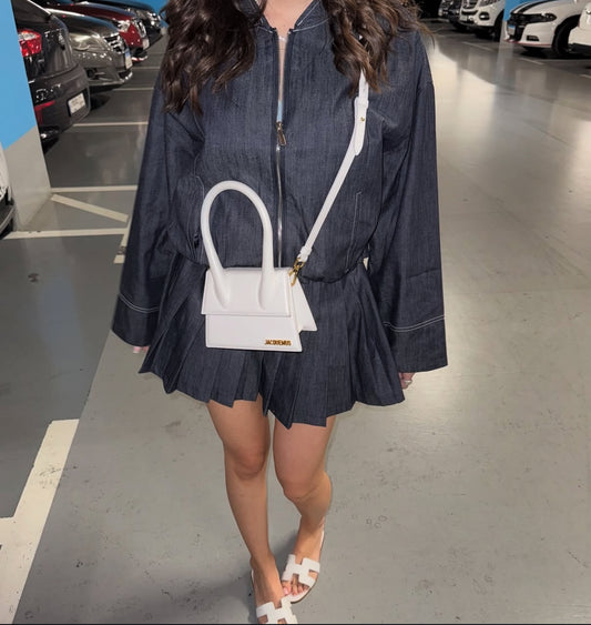 Denim Chic Two-Piece Set with Pleated Mini Skirt