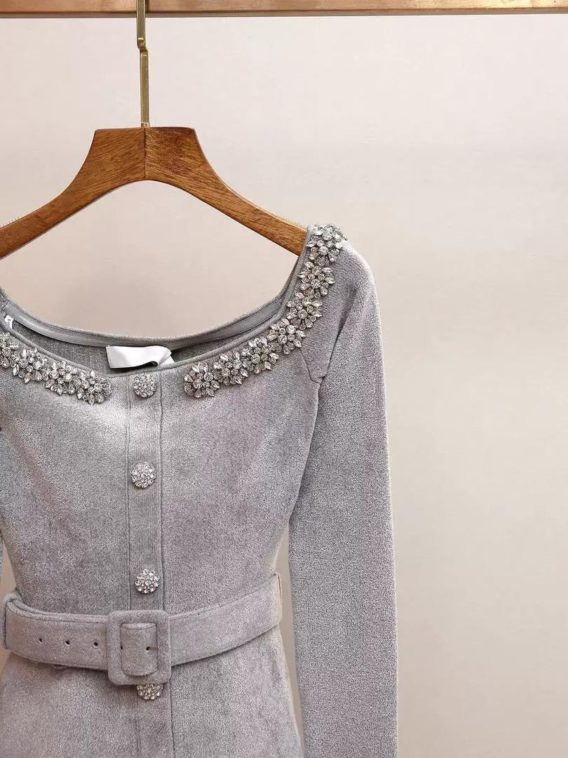 Embellished Velvet Belted Top with Crystal Detailing in Soft Silver