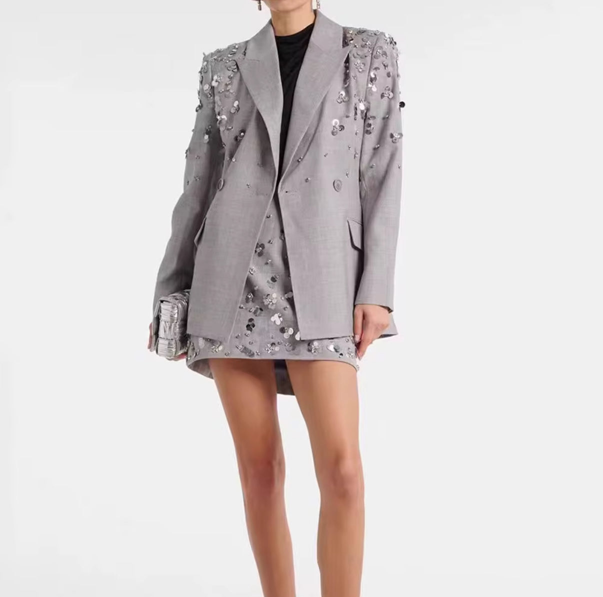 Gray Embellished Blazer & Mini Skirt Set