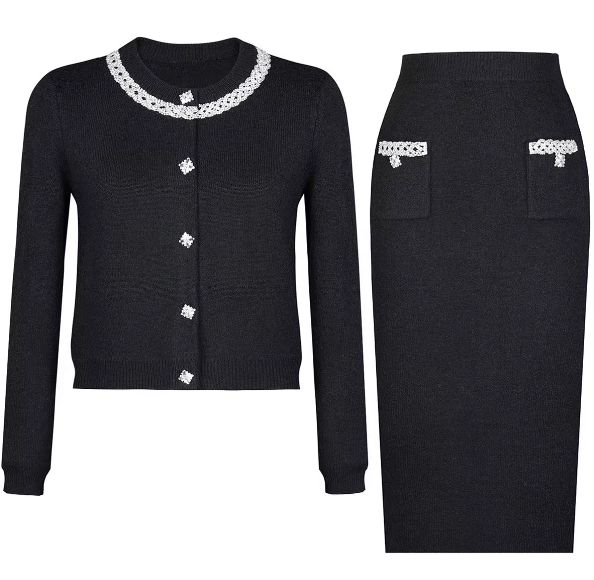 Knit Cardigan & Skirt Set with Crystal Detailing