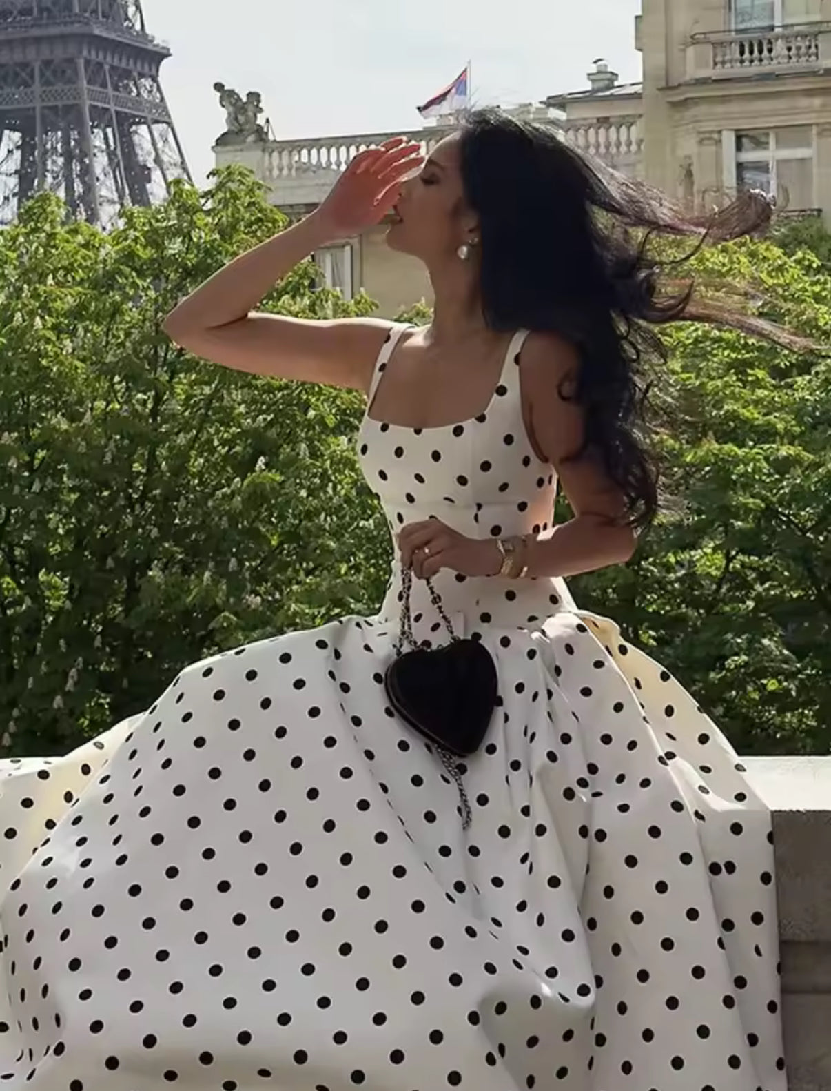 White A-line maxi dress with black polka dots