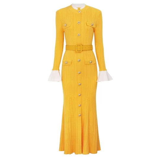 Knit Maxi Dress with Belted Waist and Gold Buttons