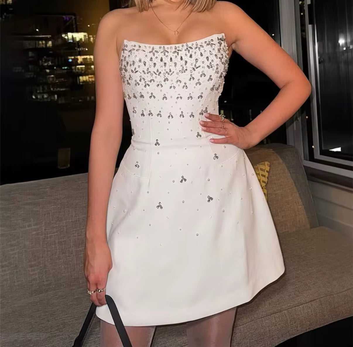 Strapless Mini Dress with Pearl and Crystal Embellishments