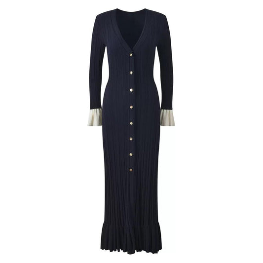 Navy Ribbed Maxi Dress with Gold Buttons and Pleated Cuffs