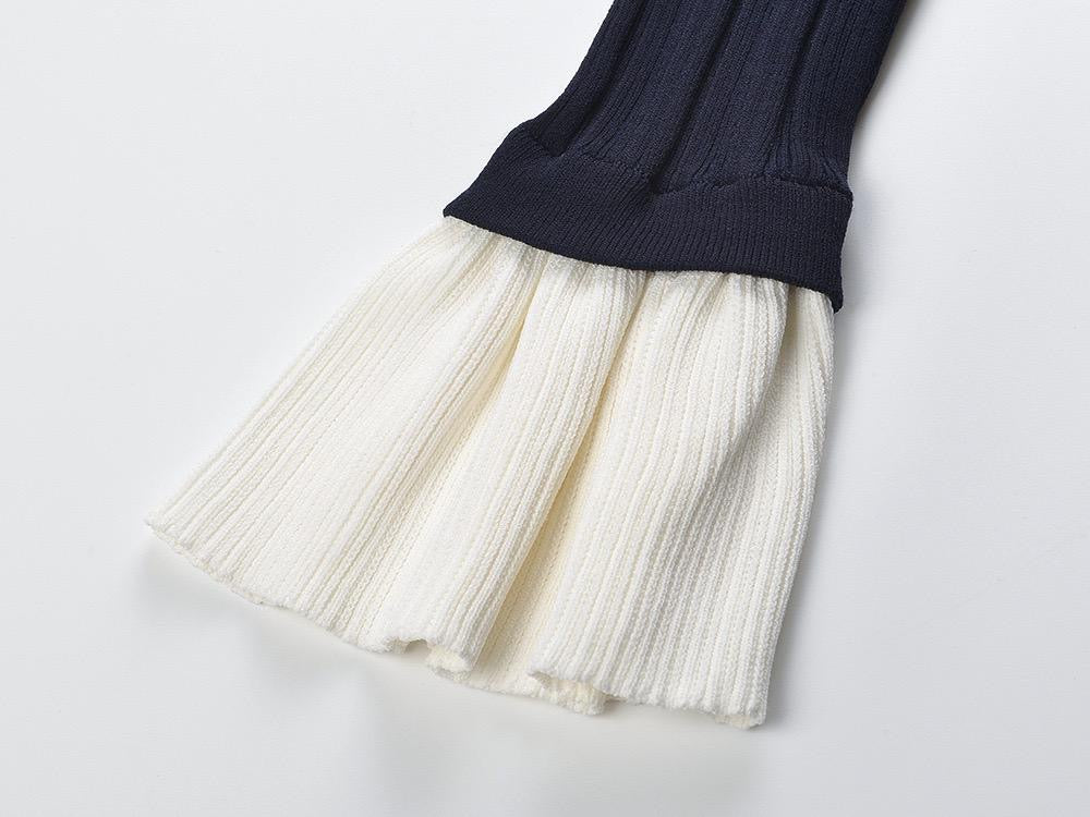 Navy Ribbed Maxi Dress with Gold Buttons and Pleated Cuffs