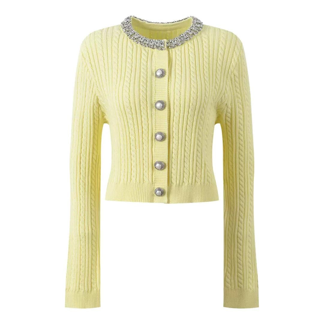Embellished Cable Knit Cardigan with Crystal Collar in Soft Yellow