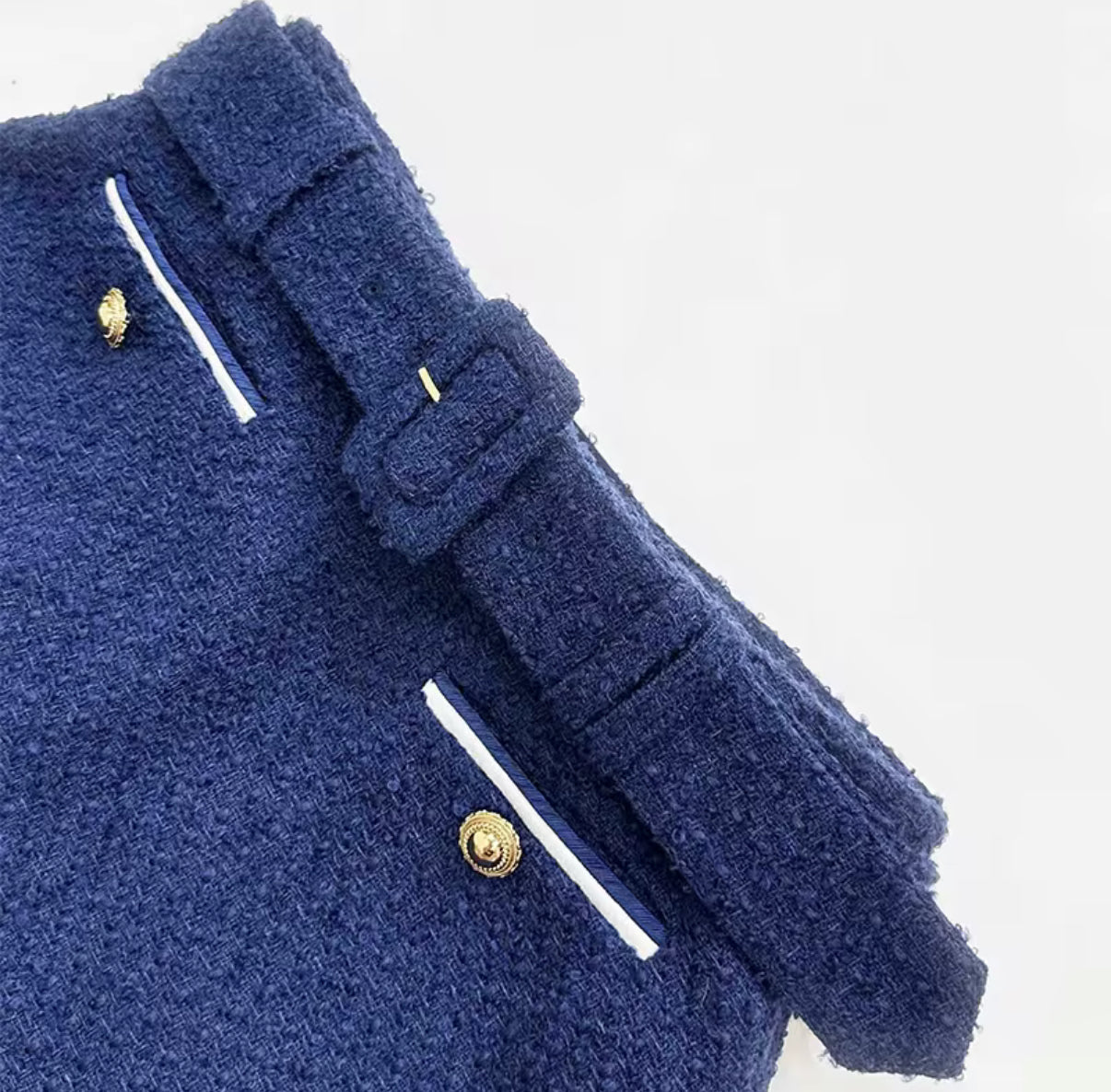 Navy Contrast Collar Tweed Skirt Set