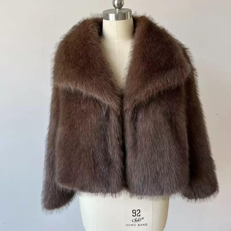 Short Faux Fur Coat with Wide Lapel Collar