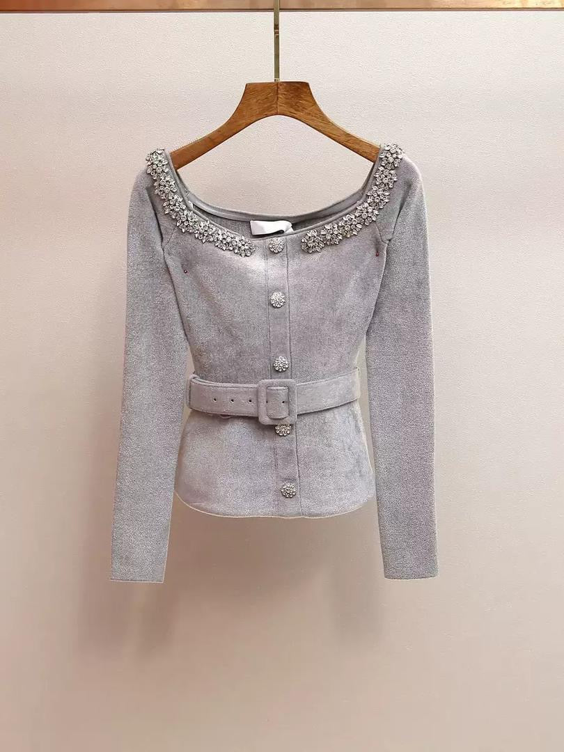Embellished Velvet Belted Top with Crystal Detailing in Soft Silver