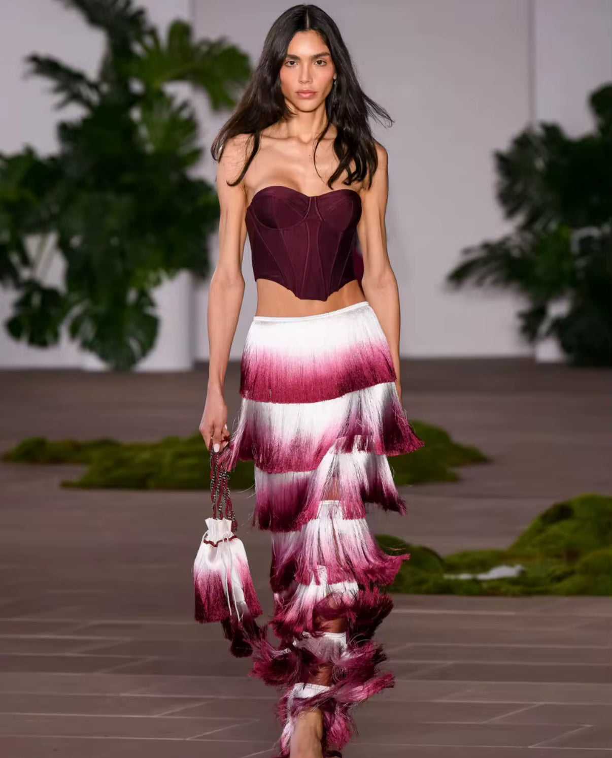 Burgundy Corset Top & Ombre Fringe Maxi Skirt Set